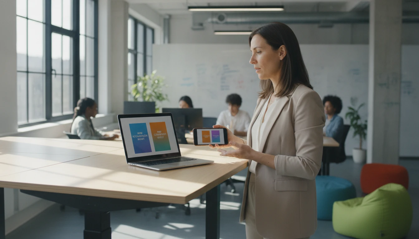 Social media manager reviewing platform-adapted content on a laptop and phone