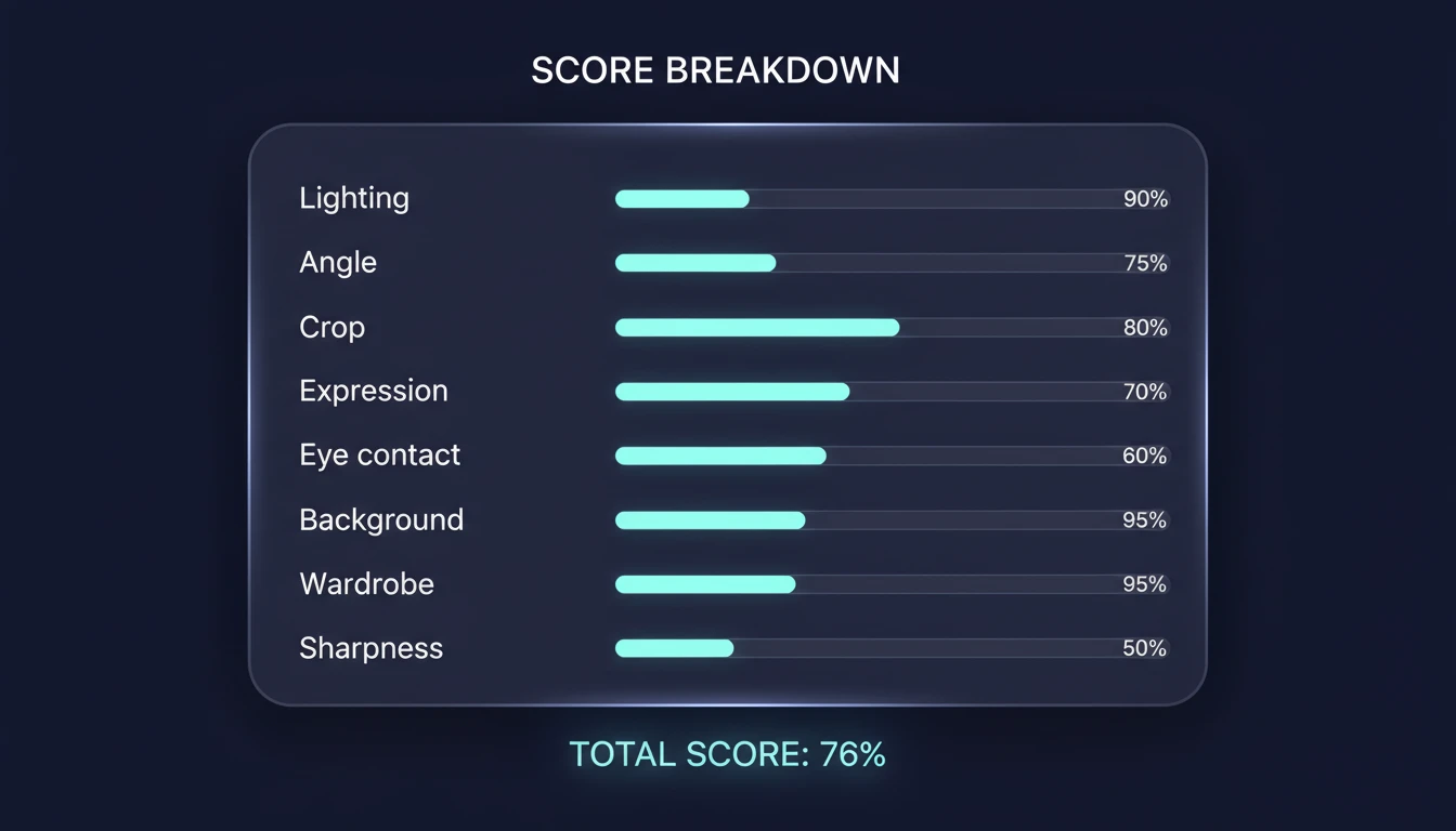 Eight scoring rows for lighting, crop, expression, and background