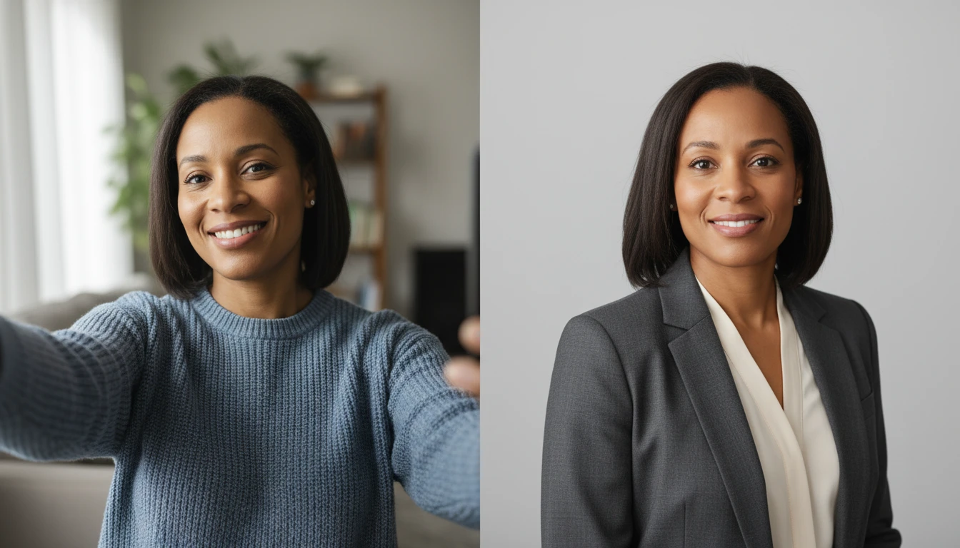Before and after professional portraits on a studio backdrop