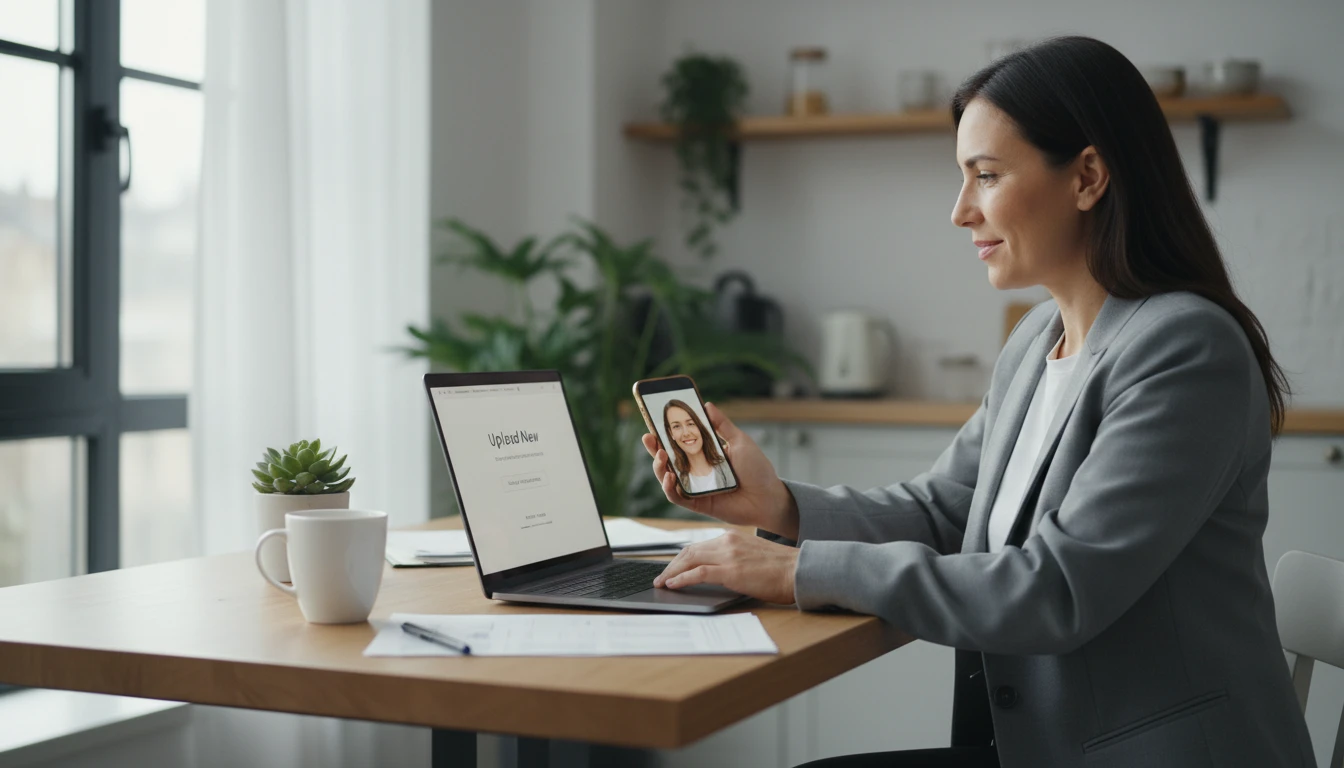 Person updating a LinkedIn profile photo on a laptop