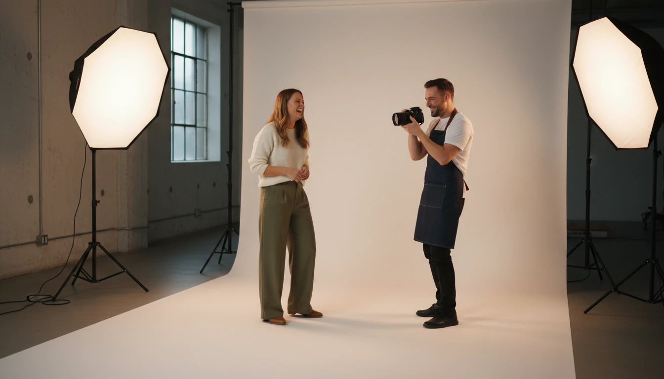 Person talking with a photographer in a small studio