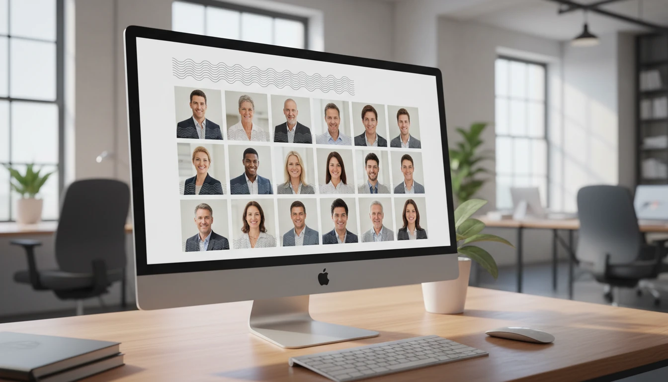 Grid of team headshots on a website mockup