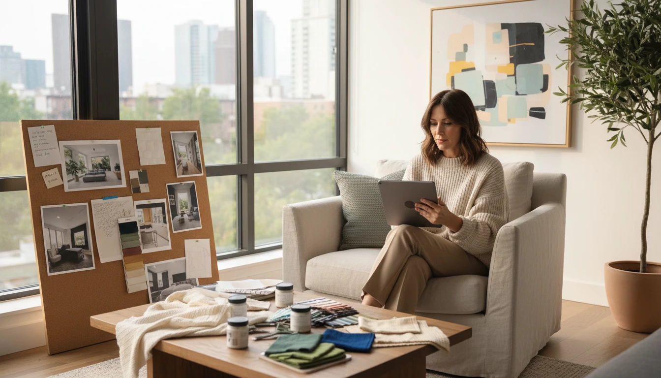 Interior designer reviewing home decor ideas on a tablet in a bright modern living room