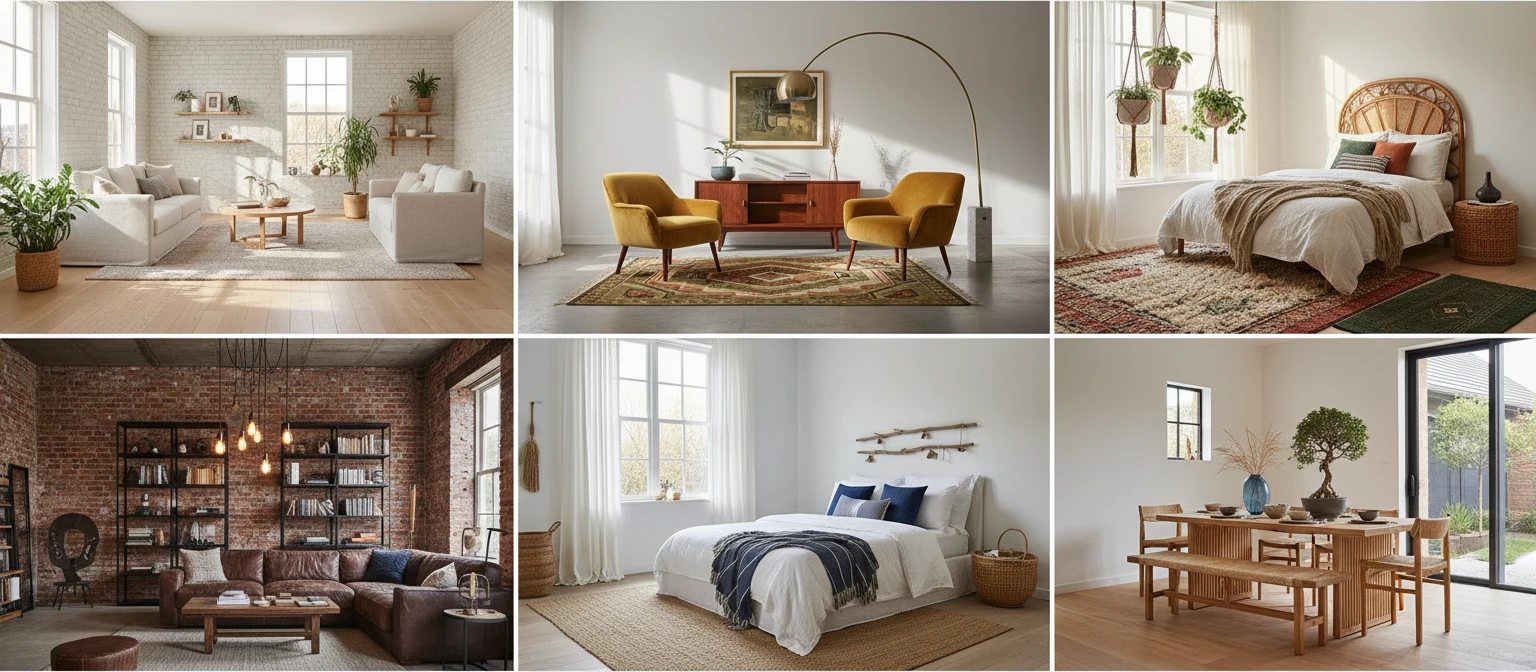 Photo collage of beautifully decorated rooms in different interior design styles