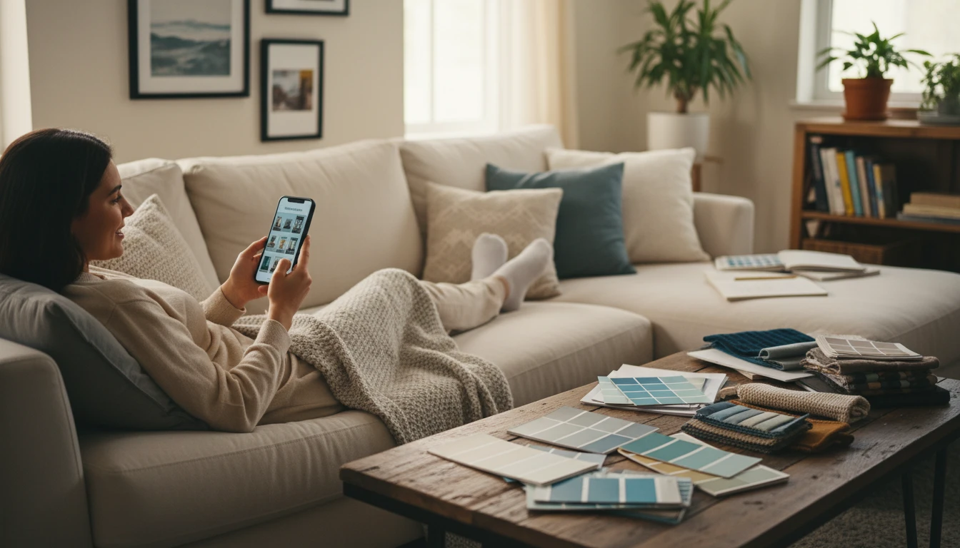Person browsing curated home decor ideas on a phone while sitting in their living room