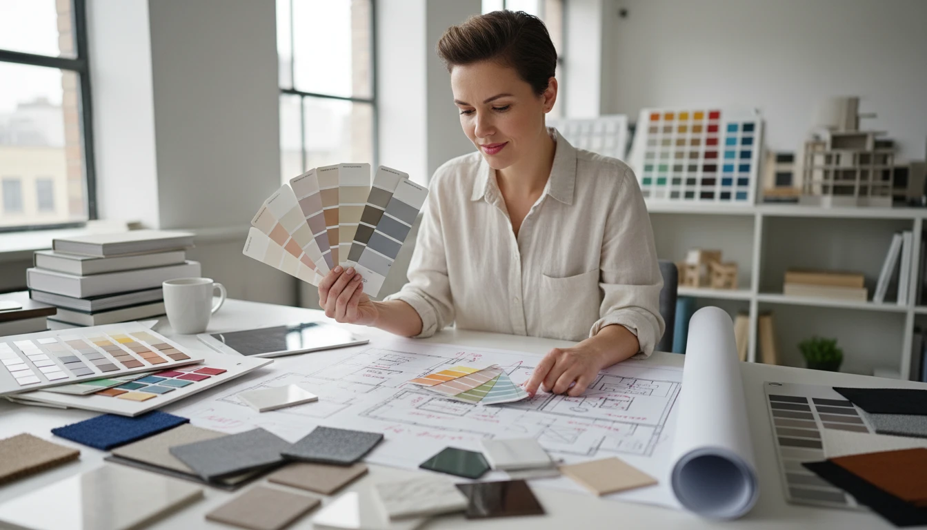 Interior designer holding paint color swatches beside a furniture layout plan on a table