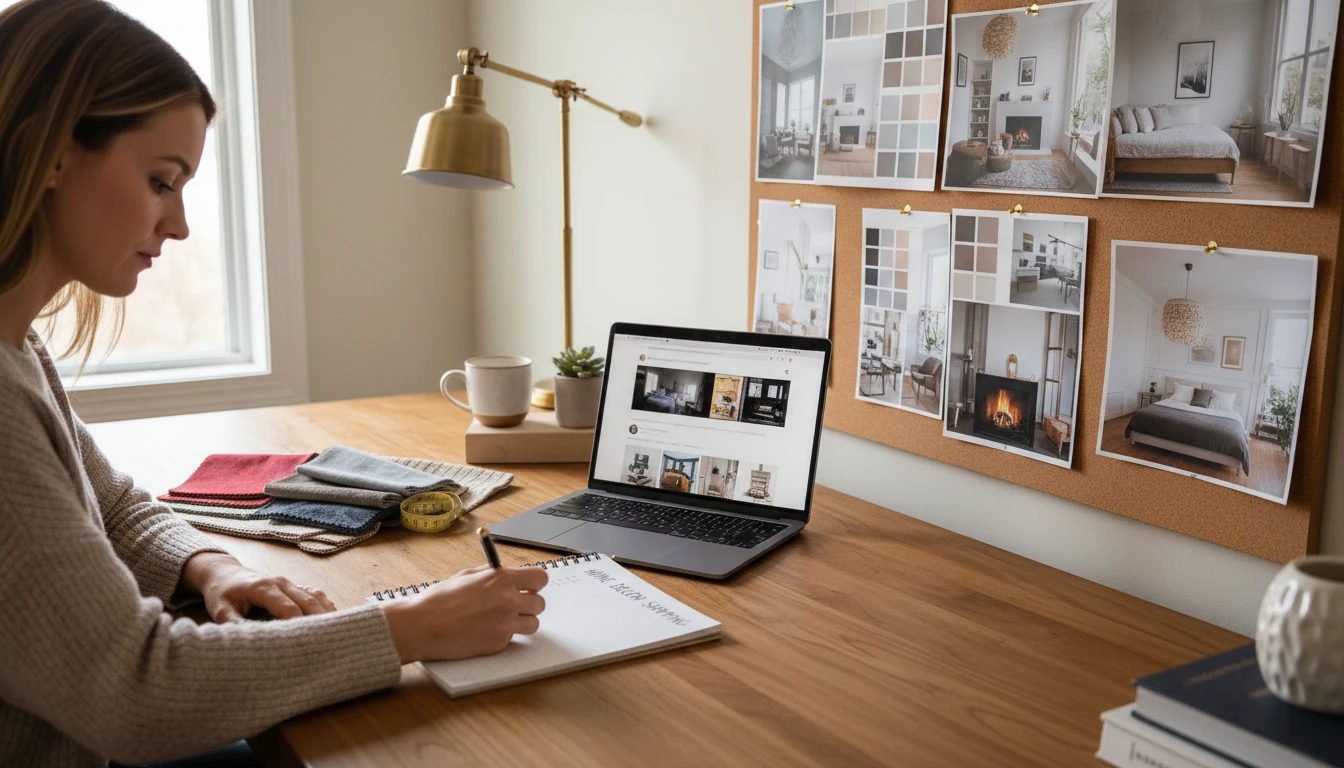 Person at a home office desk writing a home decor shopping list with design inspiration boards on the wall
