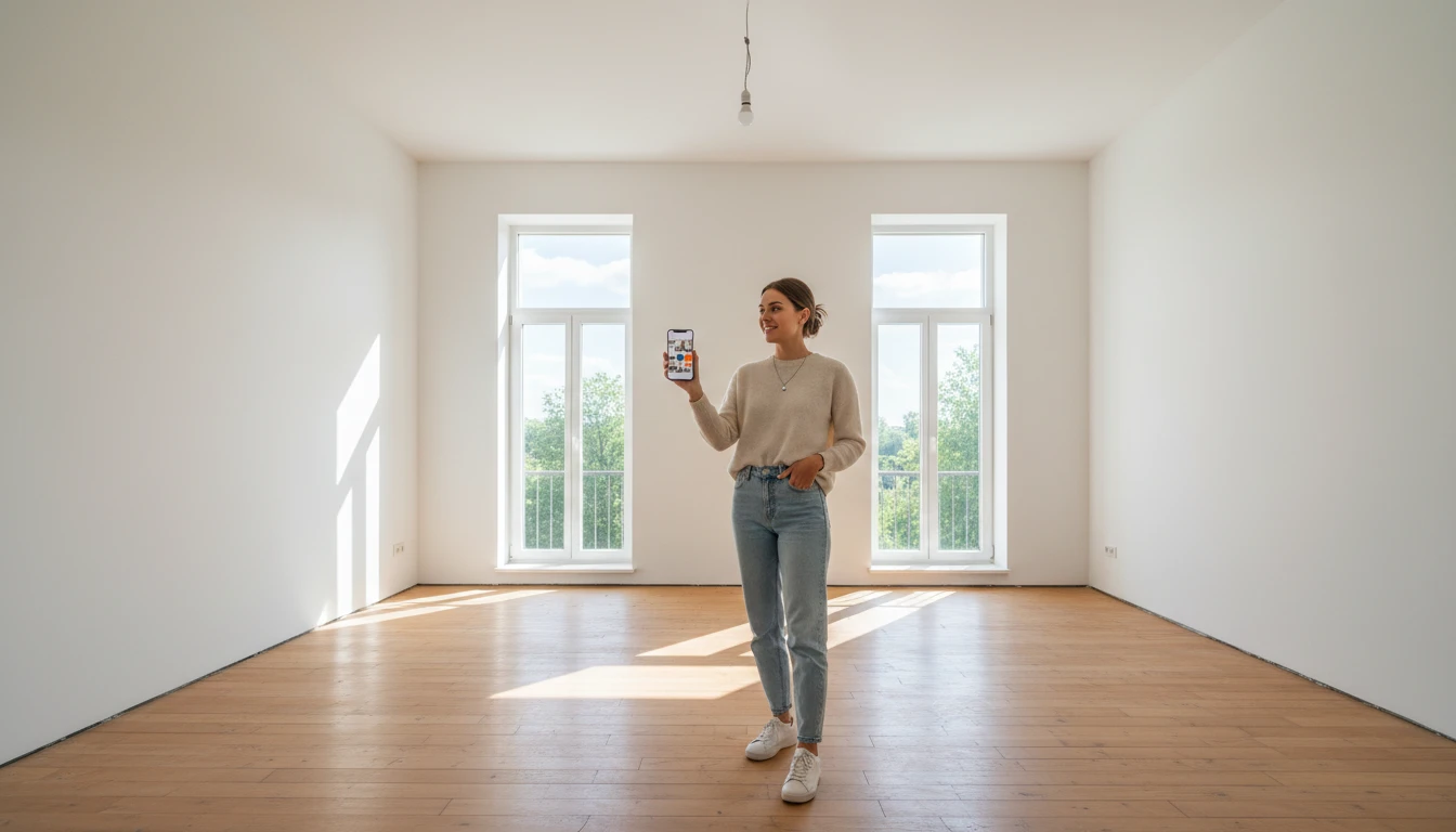 New homeowner standing in an empty room holding a phone to get decoration ideas