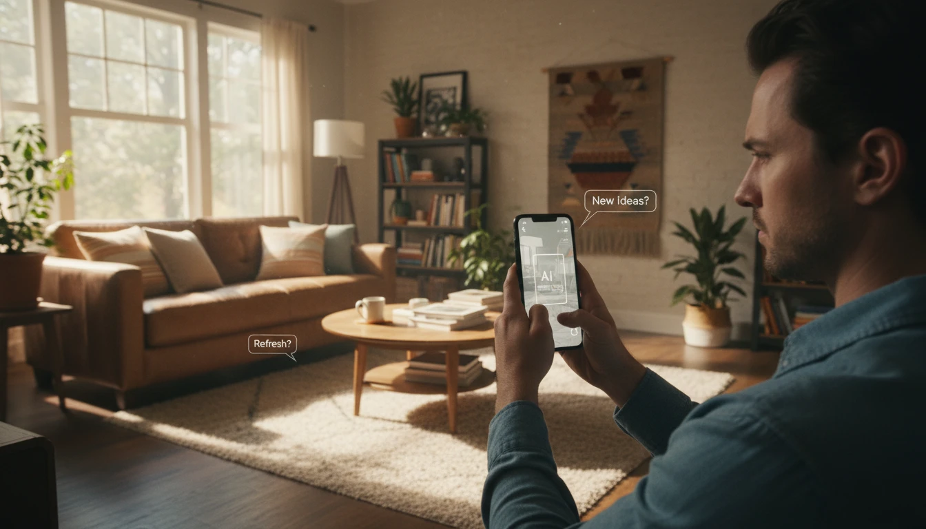 Homeowner taking a photo of their living room with a phone to get AI decor refresh ideas