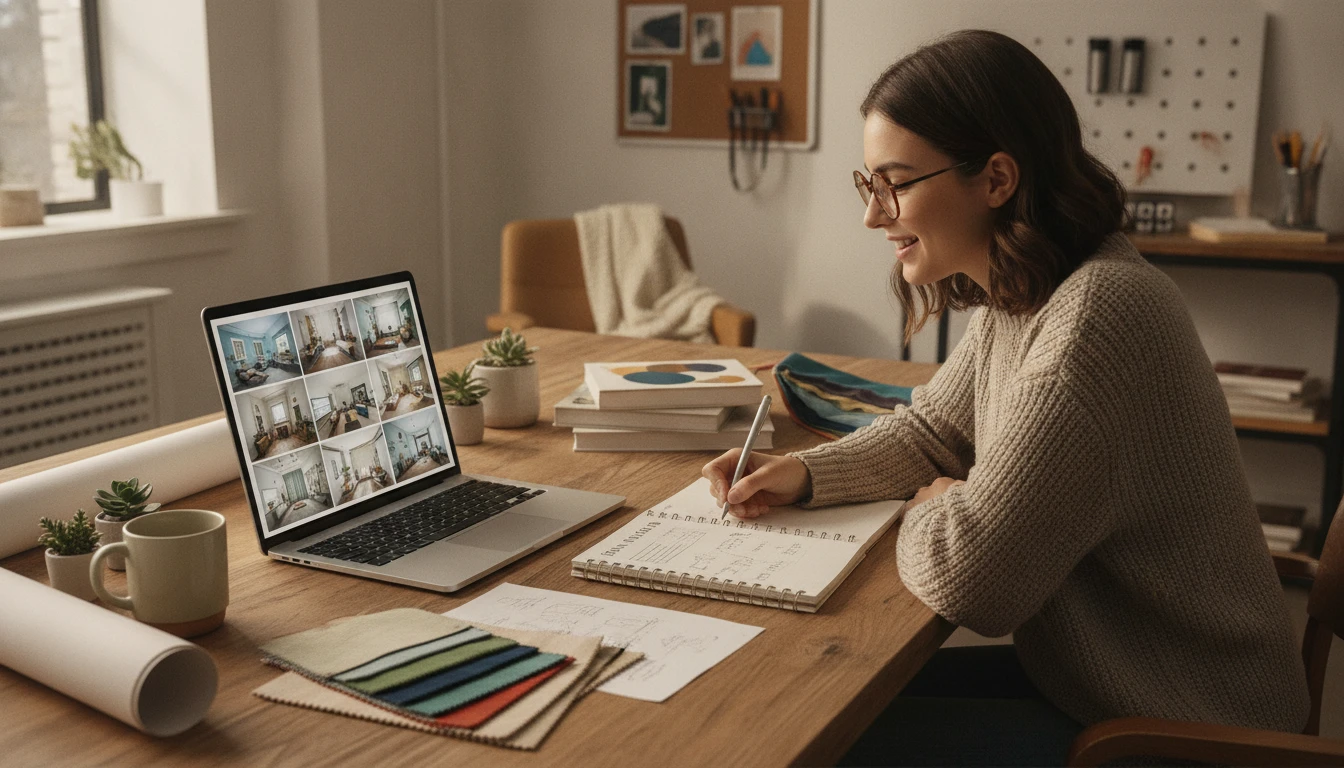 Interior design student at a desk studying AI-generated room design ideas alongside design reference books
