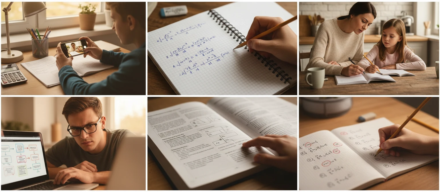 Wide editorial collage of students and tutors working through homework problems in different study settings