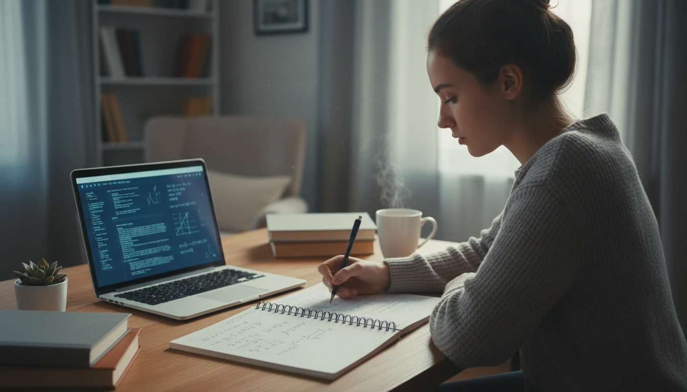Student working through practice problems on paper after reading an AI homework explanation on a laptop