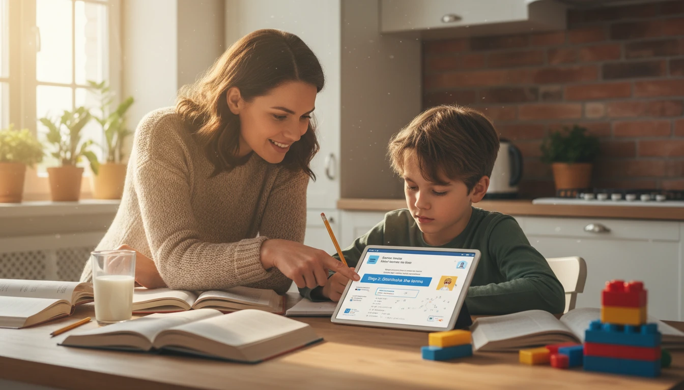 Parent and child at a kitchen table working through a homework problem together with a tablet showing AI help