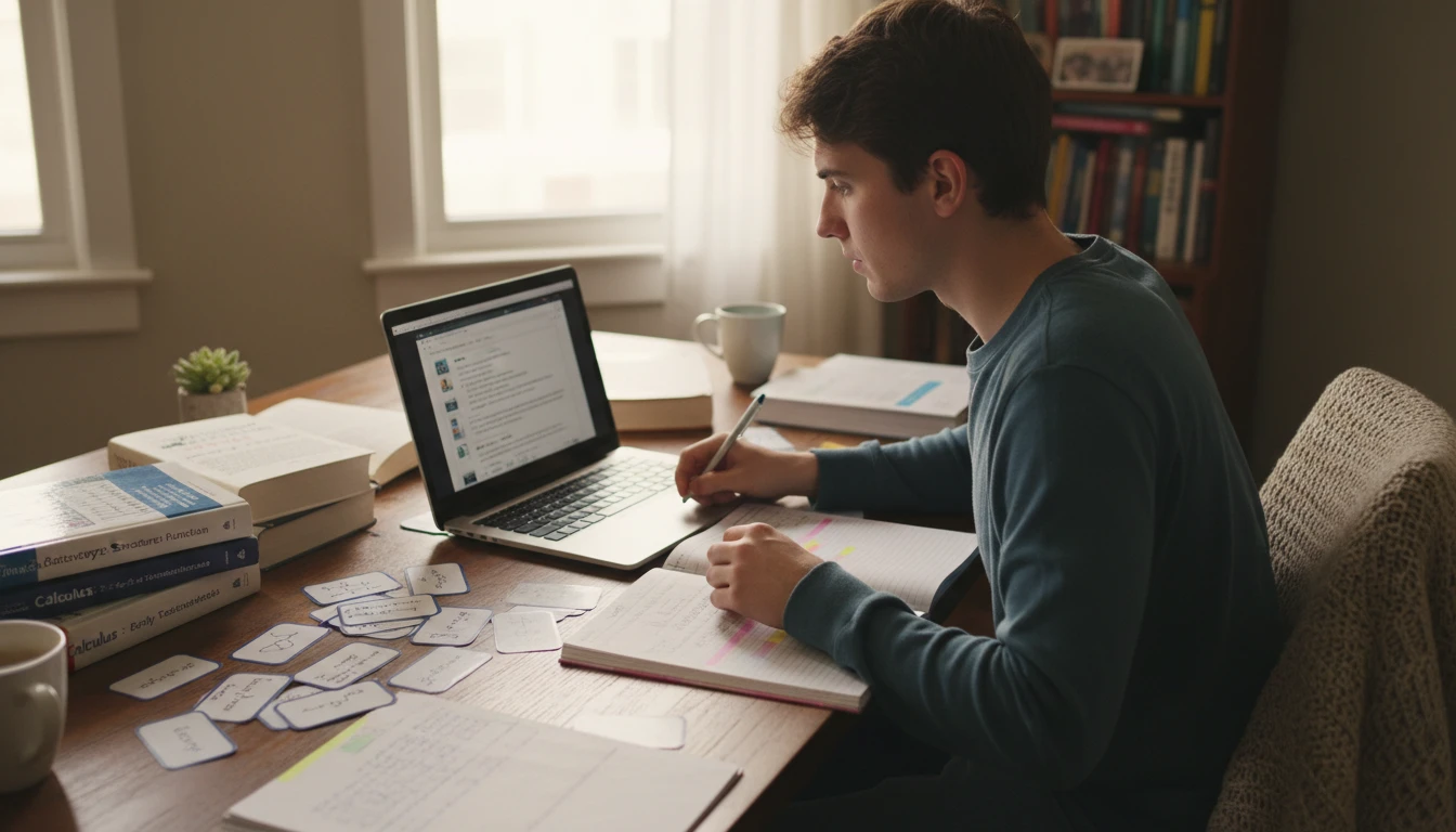 Student at a desk using a laptop to review homework solutions while preparing notes for a test
