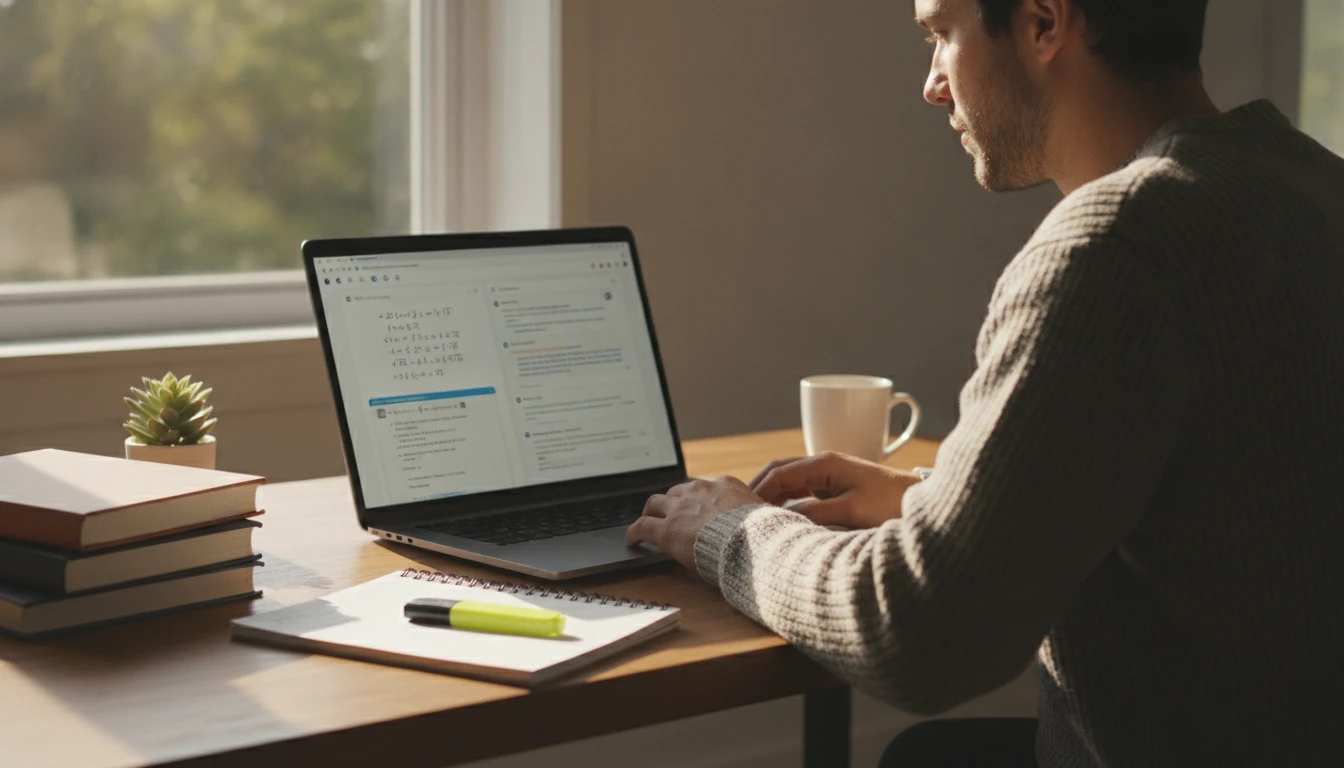 Remote learner at a home desk using a laptop for AI homework help with course materials open nearby