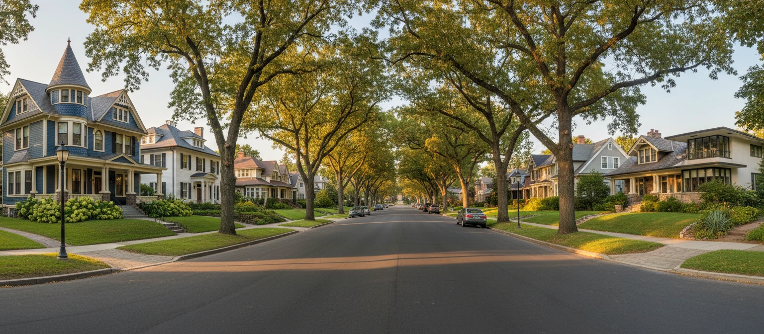 Wide panoramic view of a historic residential street showing houses in several different architectural styles side by side