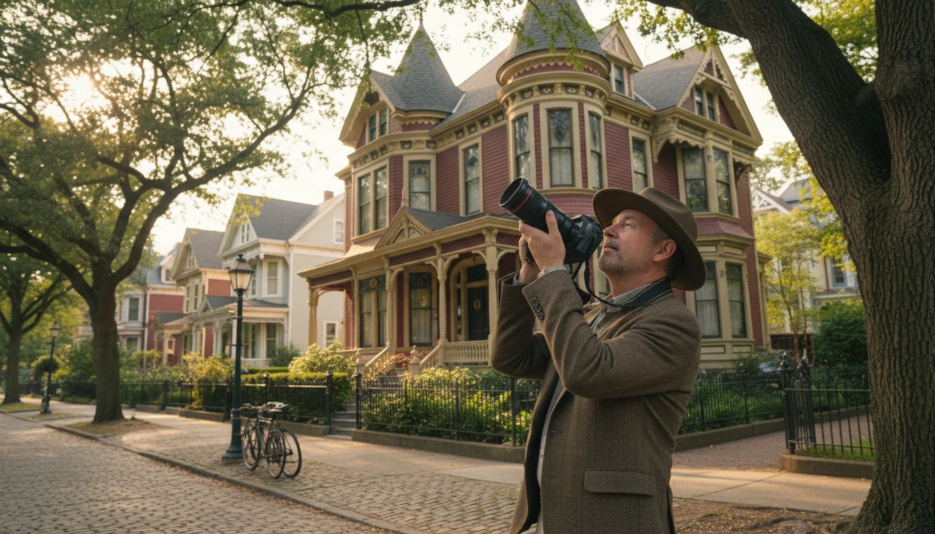 Architecture enthusiast photographing the ornate facade of a historic Victorian house on a sunny street