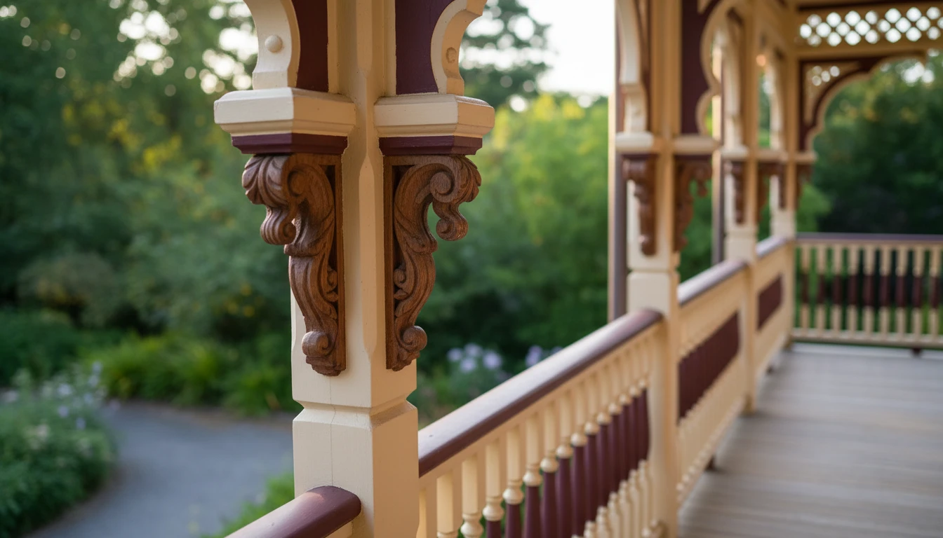 Close-up detail of ornate Victorian architectural woodwork, decorative brackets, and painted trim on a historic house