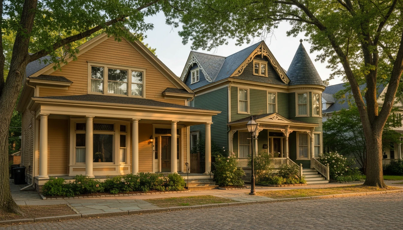 Two houses side by side on a street showing two similar but distinct architectural styles