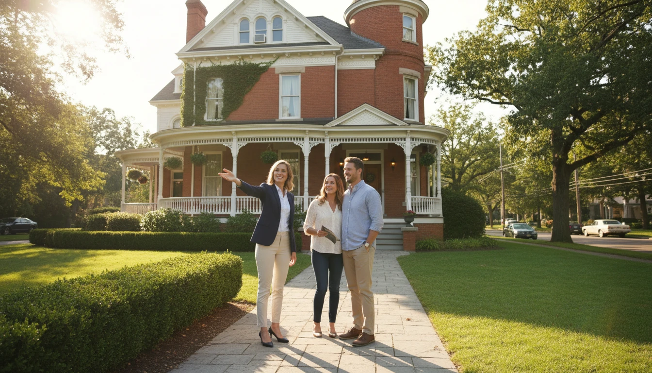 Real estate agent showing a historic home to prospective buyers on a sunny day