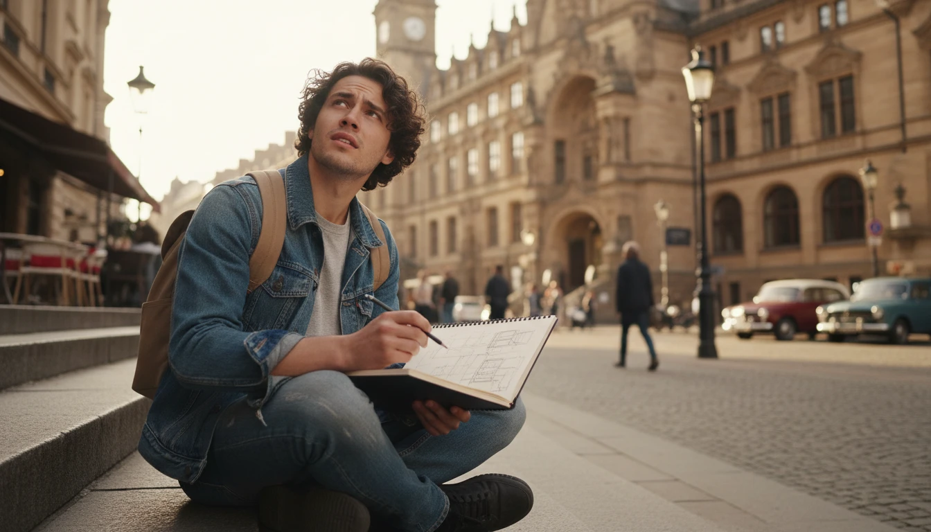 Architecture student sketching details of a historic building on a city street