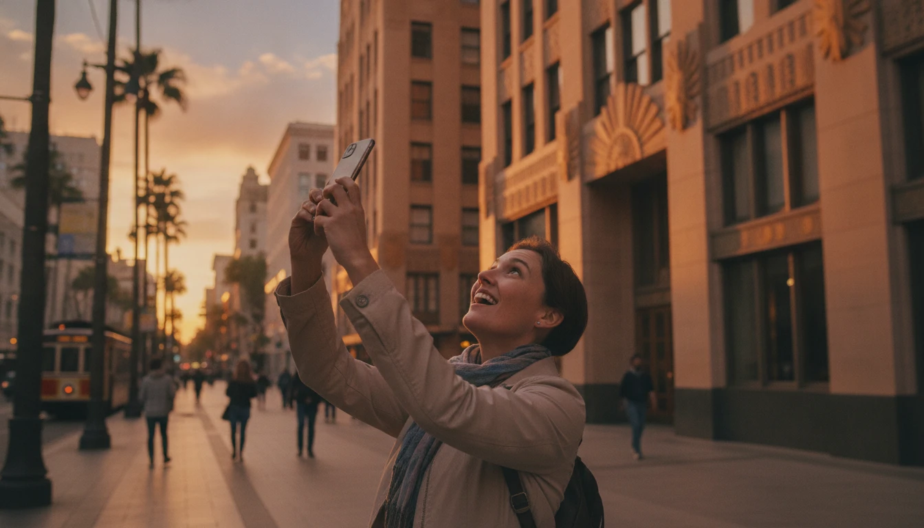 Tourist photographing a stunning Art Deco building in a historic city district