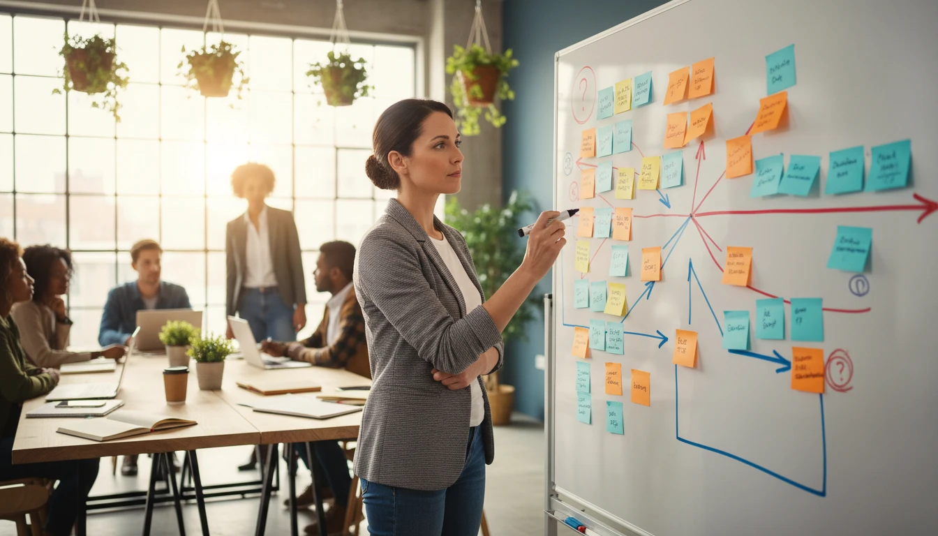 Entrepreneur brainstorming business ideas with sticky notes and a whiteboard in a bright modern workspace
