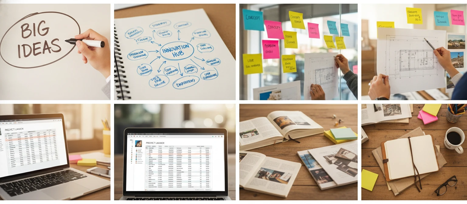 Creative innovation workspace showing brainstorming, planning, and idea development in progress