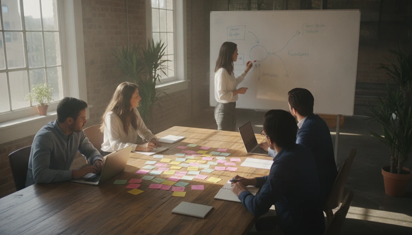 Team brainstorming session with sticky notes and a whiteboard covered in ideas and arrows