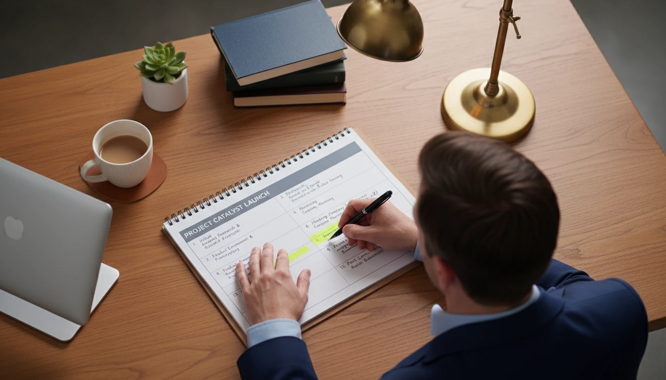 Professional reviewing a detailed project plan on paper with implementation steps highlighted