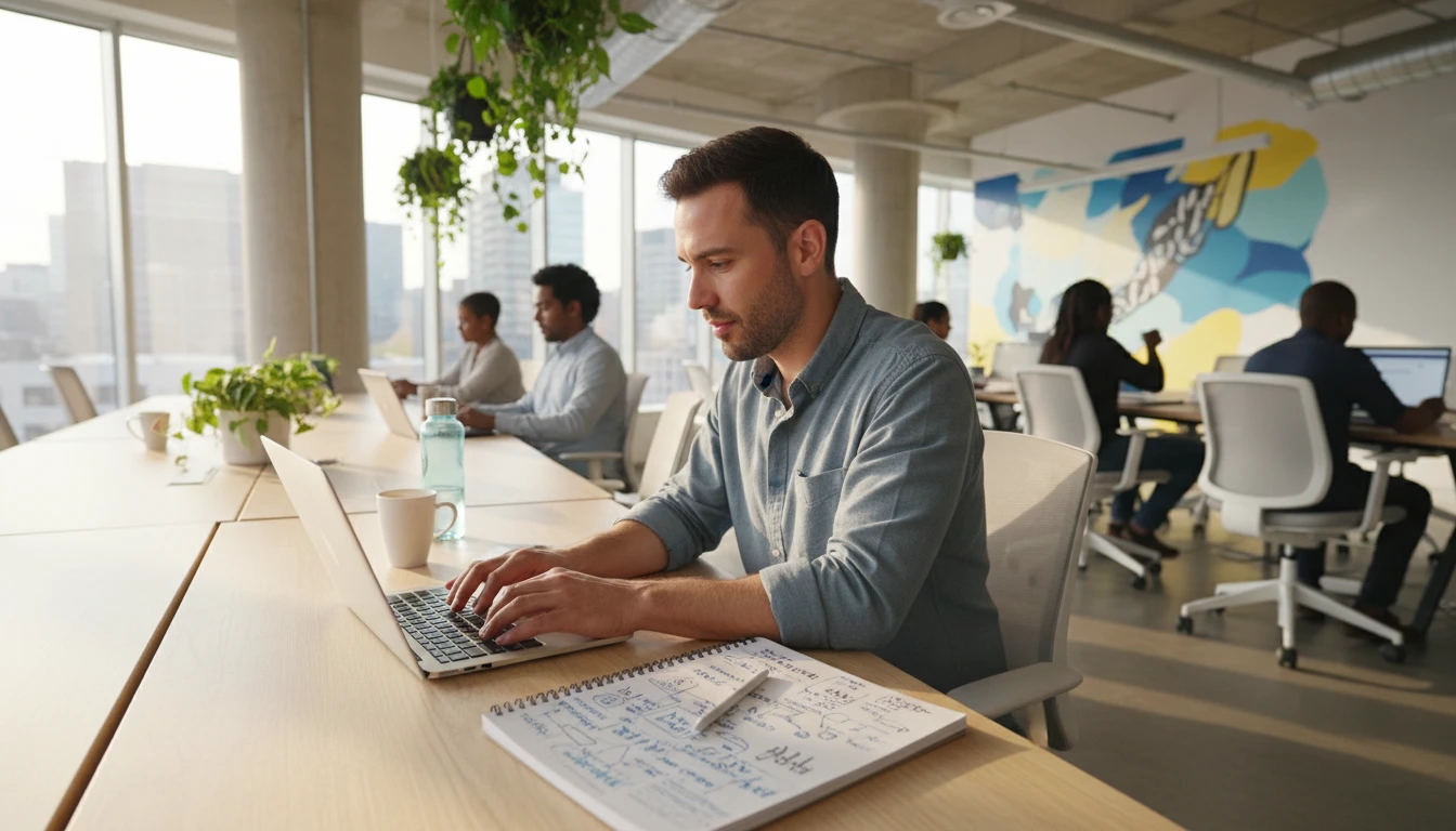 Entrepreneur reviewing business ideas on a laptop in a modern co-working space