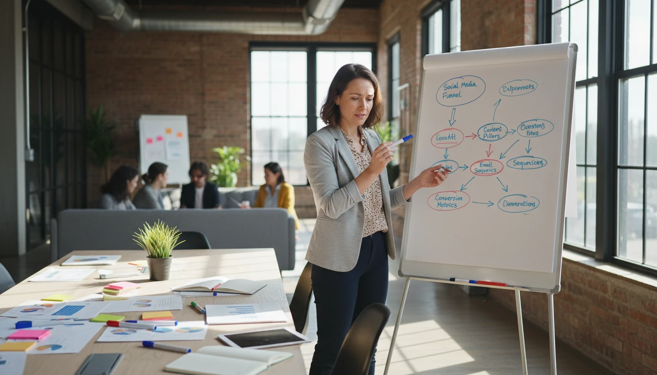 Marketer reviewing campaign strategy concepts on a whiteboard in an agency office