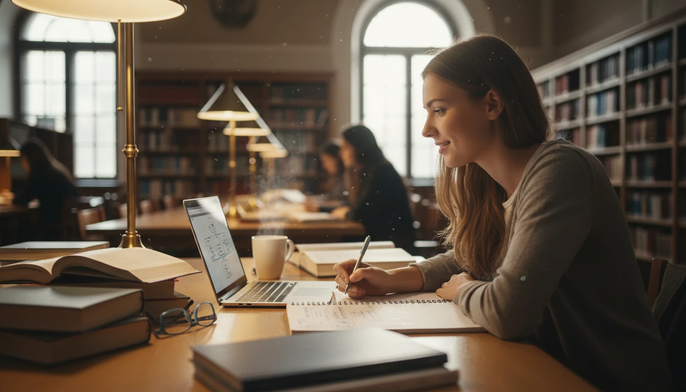 Student brainstorming project ideas in a library or study room with an open notebook