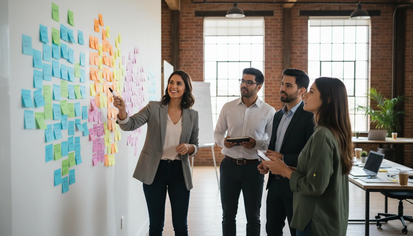 Facilitator leading a team brainstorming workshop with sticky notes on a wall