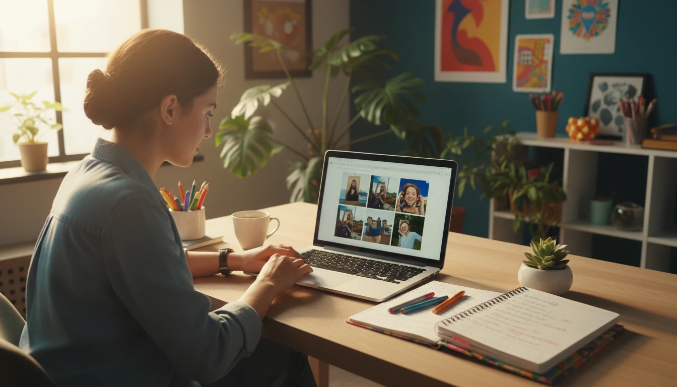 Social media creator reviewing image caption options on a laptop at a modern workspace