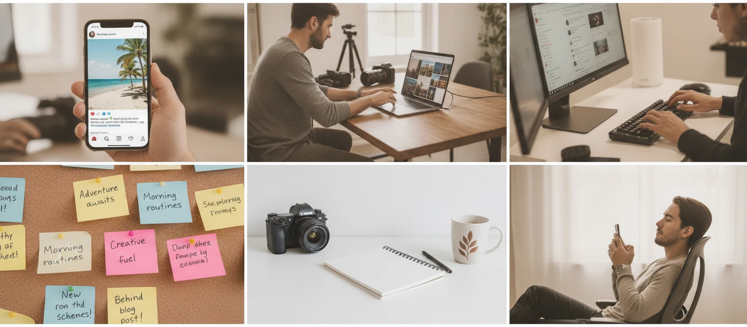 Social media and content creation collage showing images being captioned and published across platforms