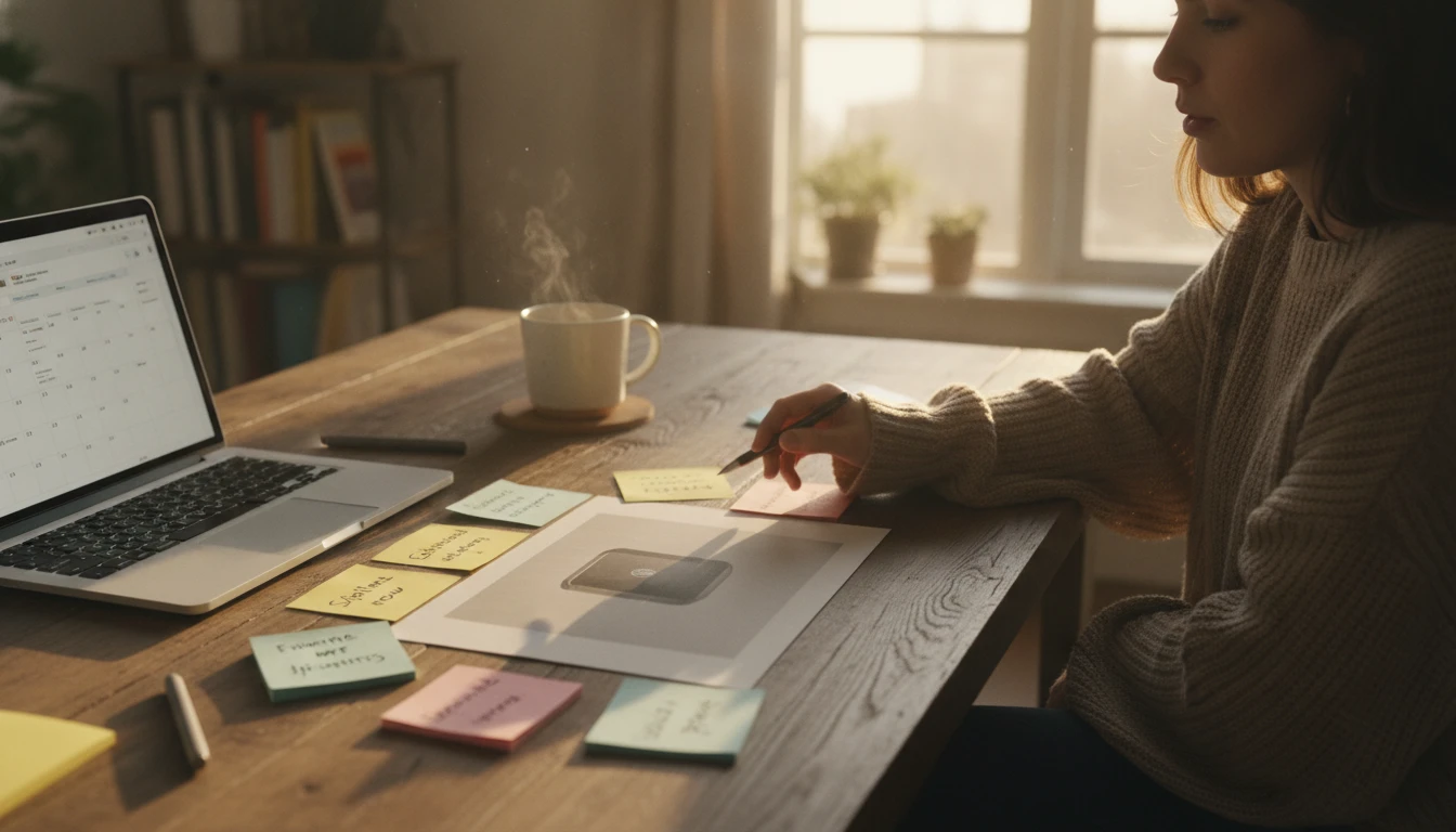 Content creator comparing eight different caption options printed on paper for a product photo