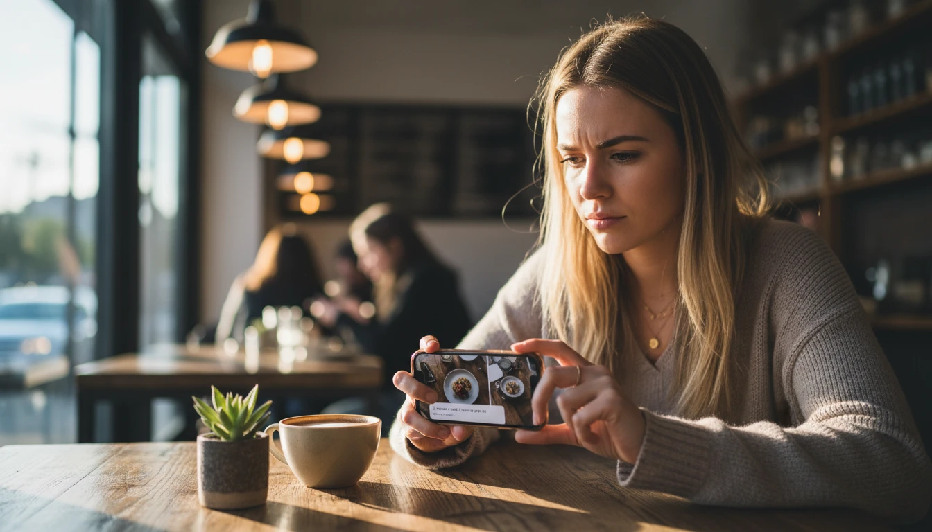 Influencer reviewing Instagram post details including captions and hashtag lists on a phone
