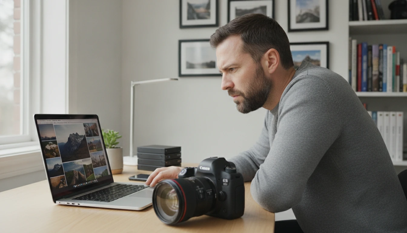 Photographer reviewing detailed image analysis results on a laptop next to their camera