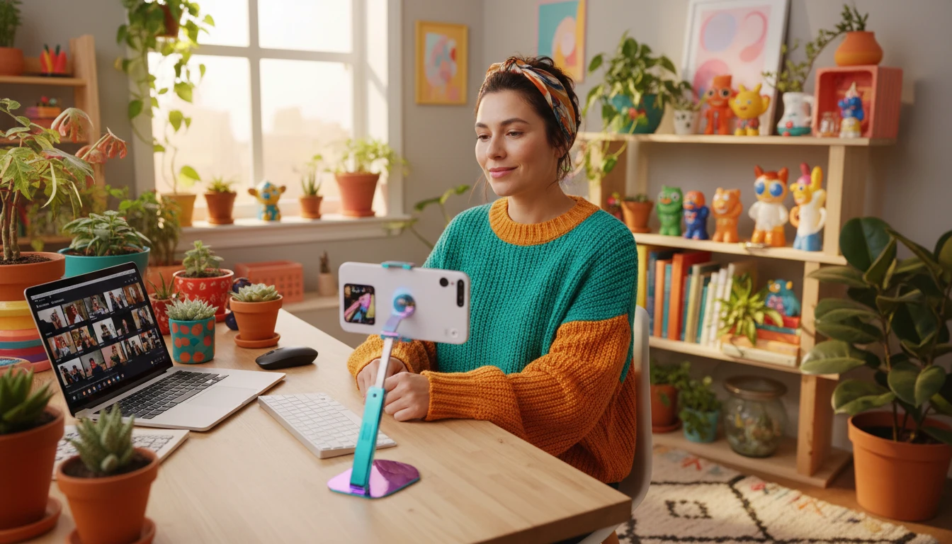 Social media creator reviewing content on a phone and laptop at a colorful home workspace