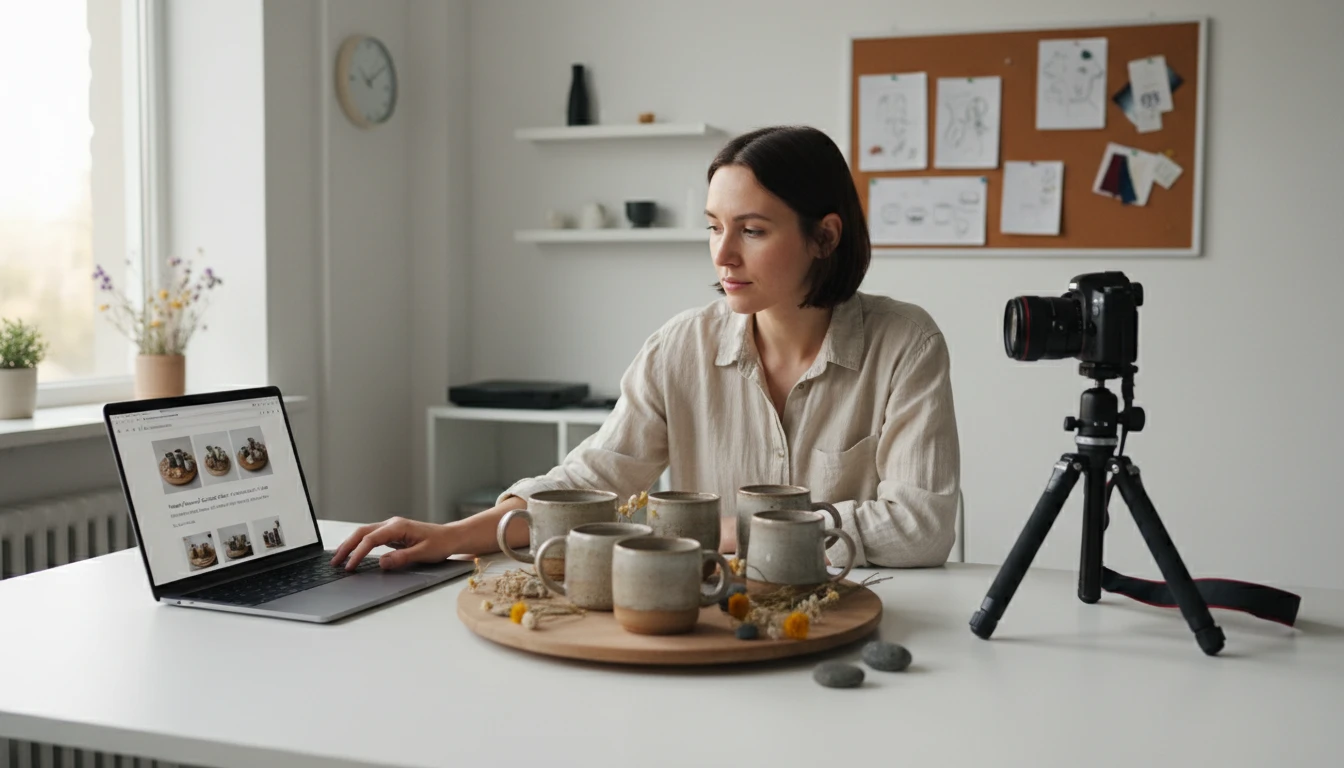 E-commerce business owner reviewing product photos and captions on a laptop in a studio