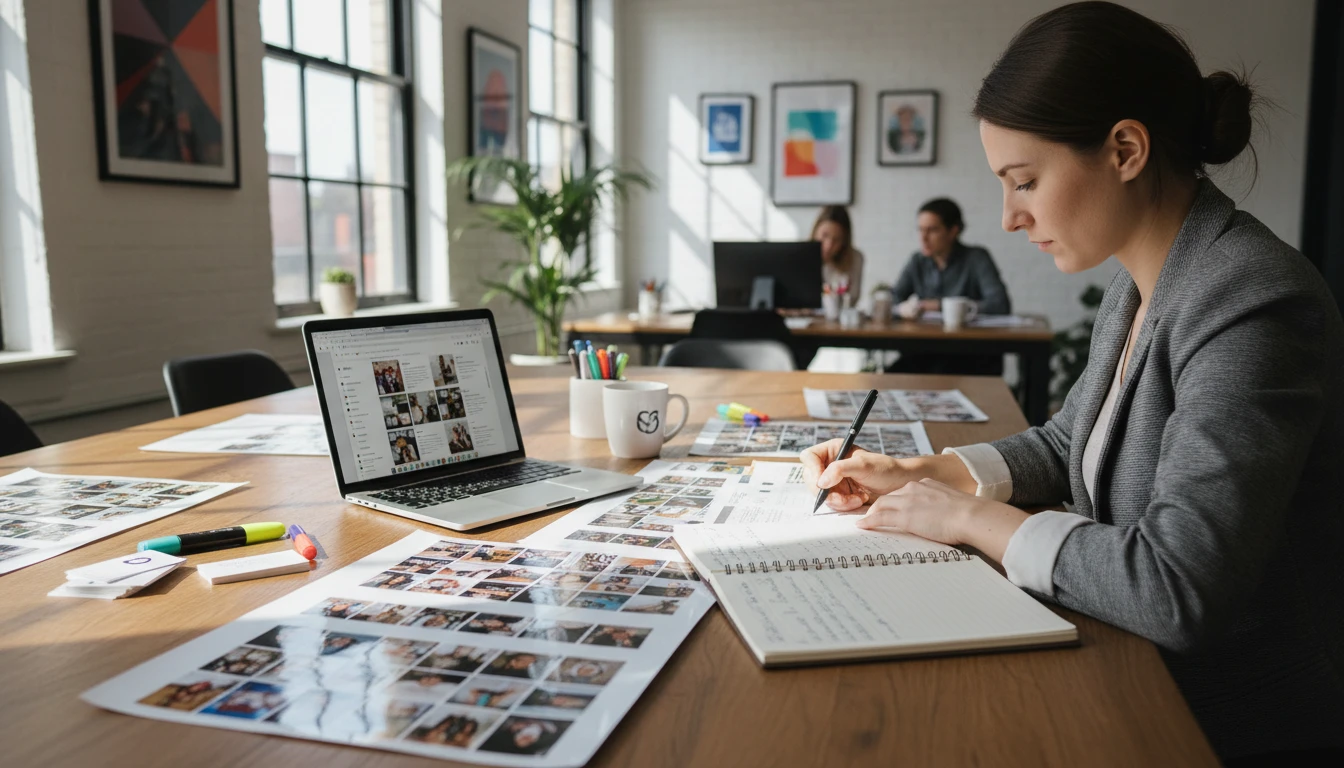 Content marketer reviewing campaign images and caption options for a brand in an agency office
