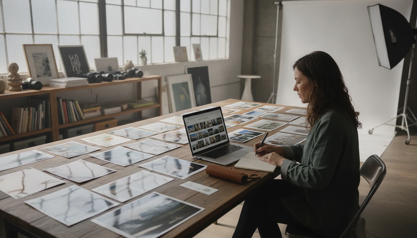 Photographer reviewing portfolio captions for gallery submissions on a laptop