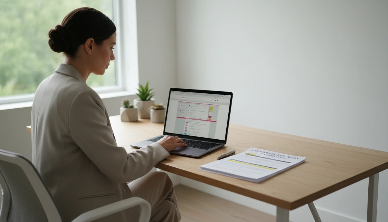 Digital accessibility and content professional reviewing image descriptions and alt text on a laptop