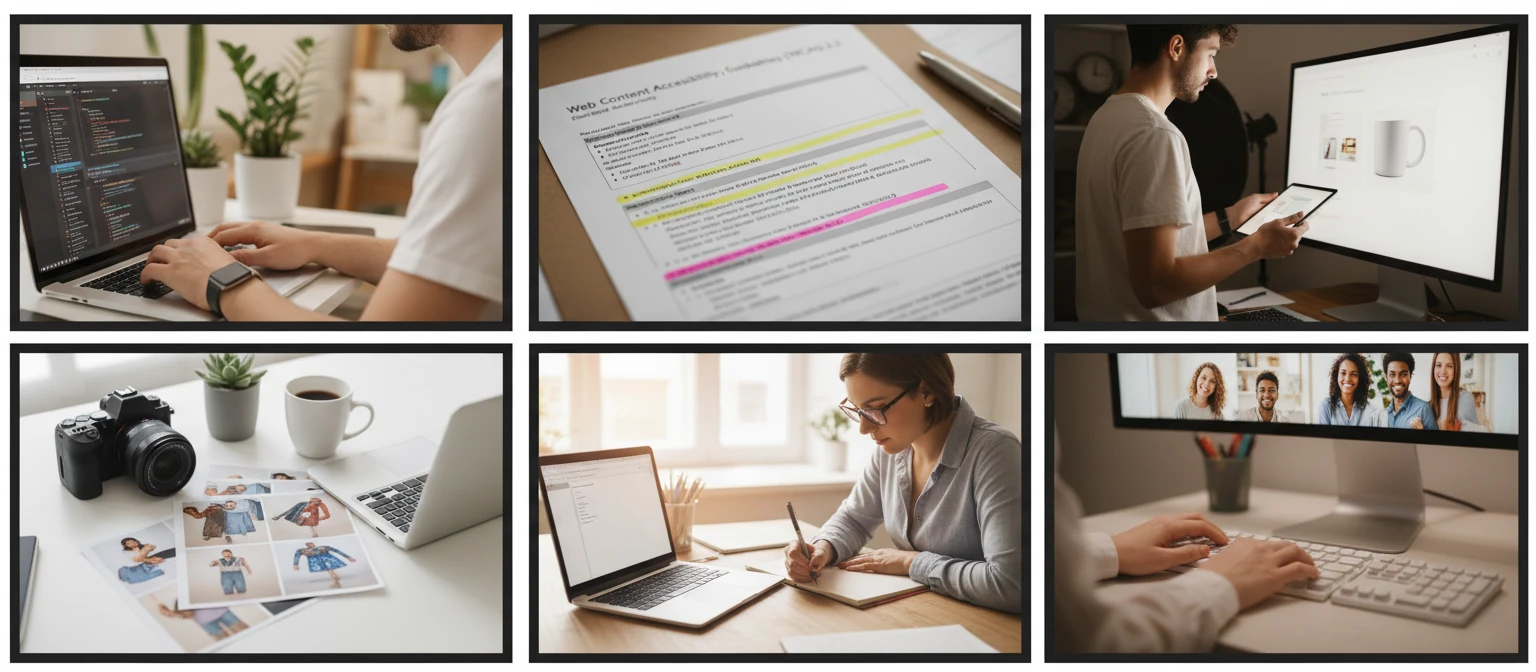 Digital accessibility and SEO workspace showing image analysis documents and website code side by side