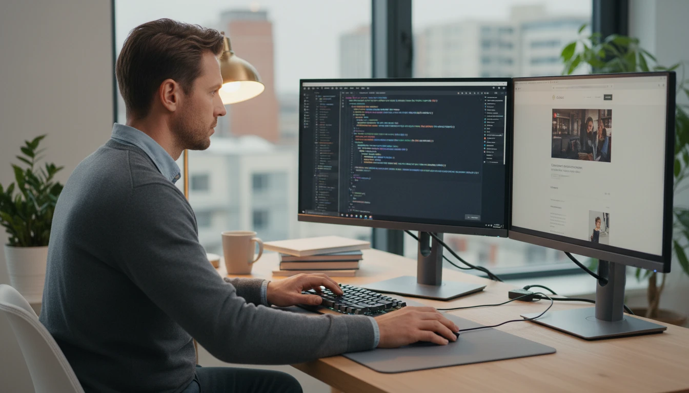 Web developer copying alt text from a description report into a code editor on a laptop