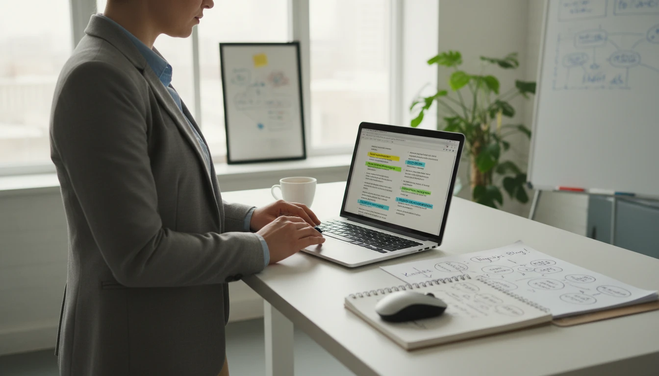 Content marketer reviewing SEO keyword suggestions from an image analysis report on a laptop