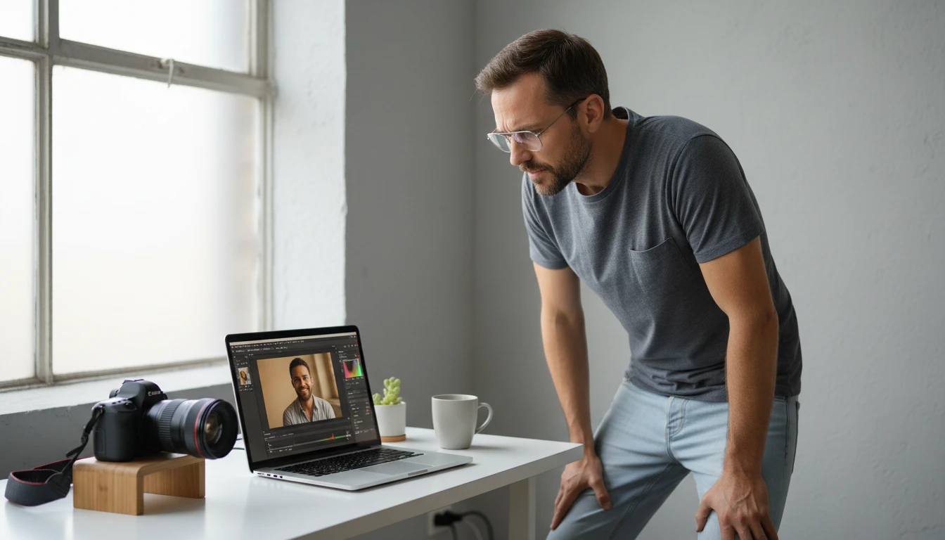 Photographer reviewing a detailed breakdown of visual elements in their portfolio image on a laptop
