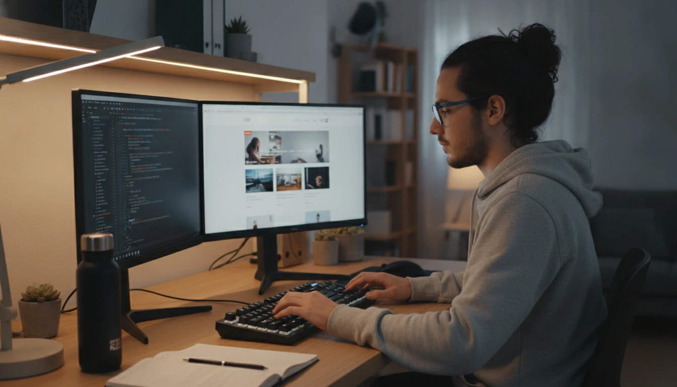 Web developer reviewing image alt text in a code editor on a dual-monitor setup