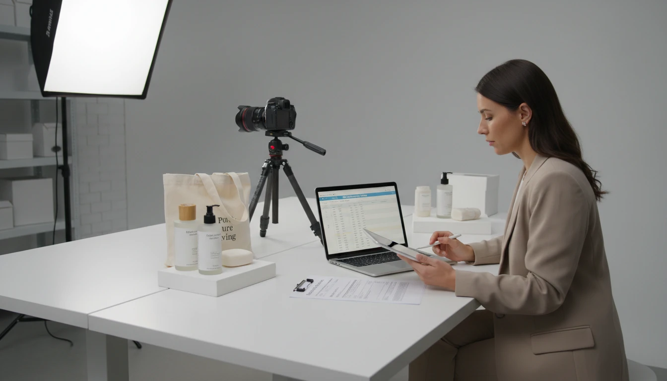 E-commerce manager reviewing product image descriptions on a laptop in a warehouse or studio